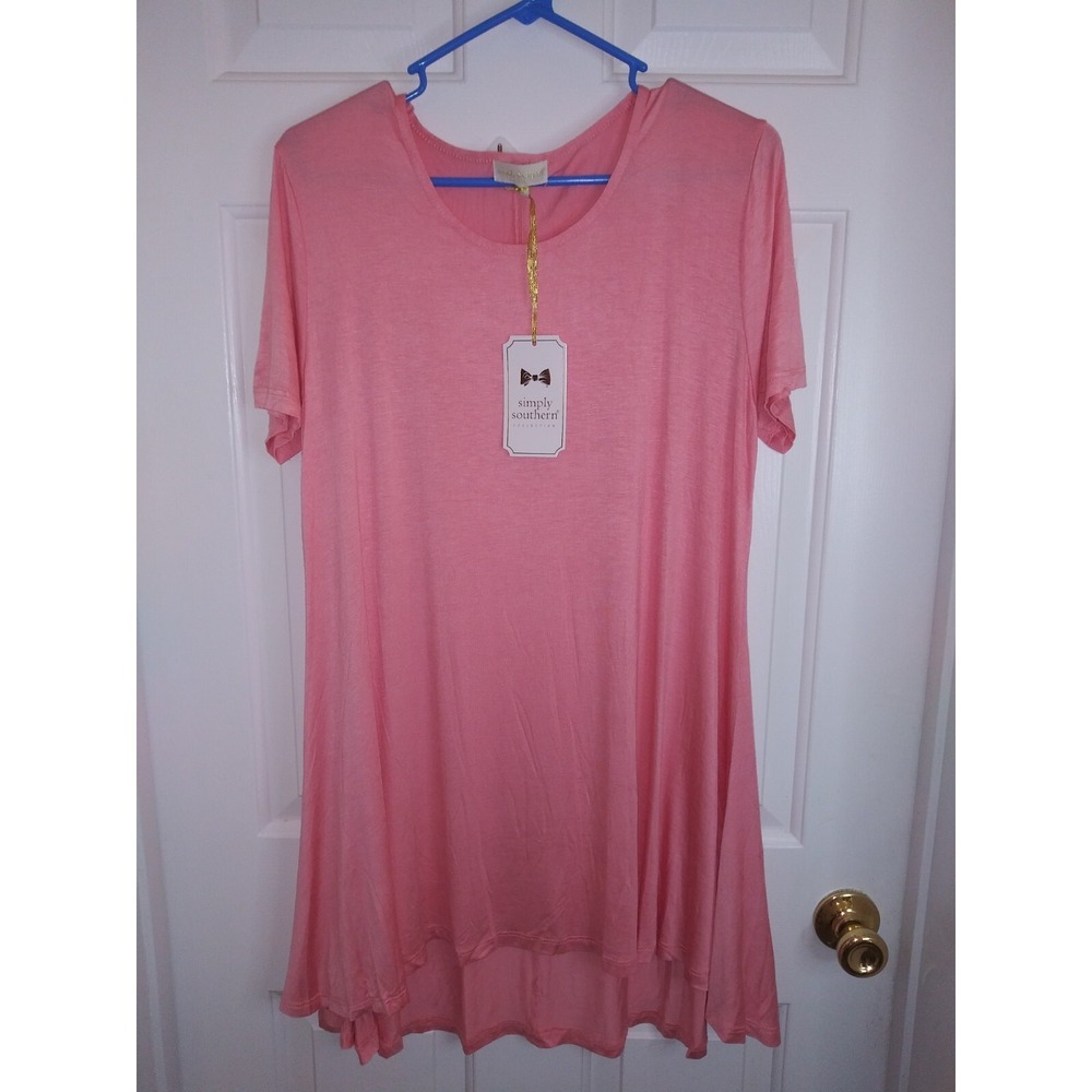 Simply Southern Women's Short Sleeve Flowy Solid Tunic Large Pink‎ Shirt Top NWT